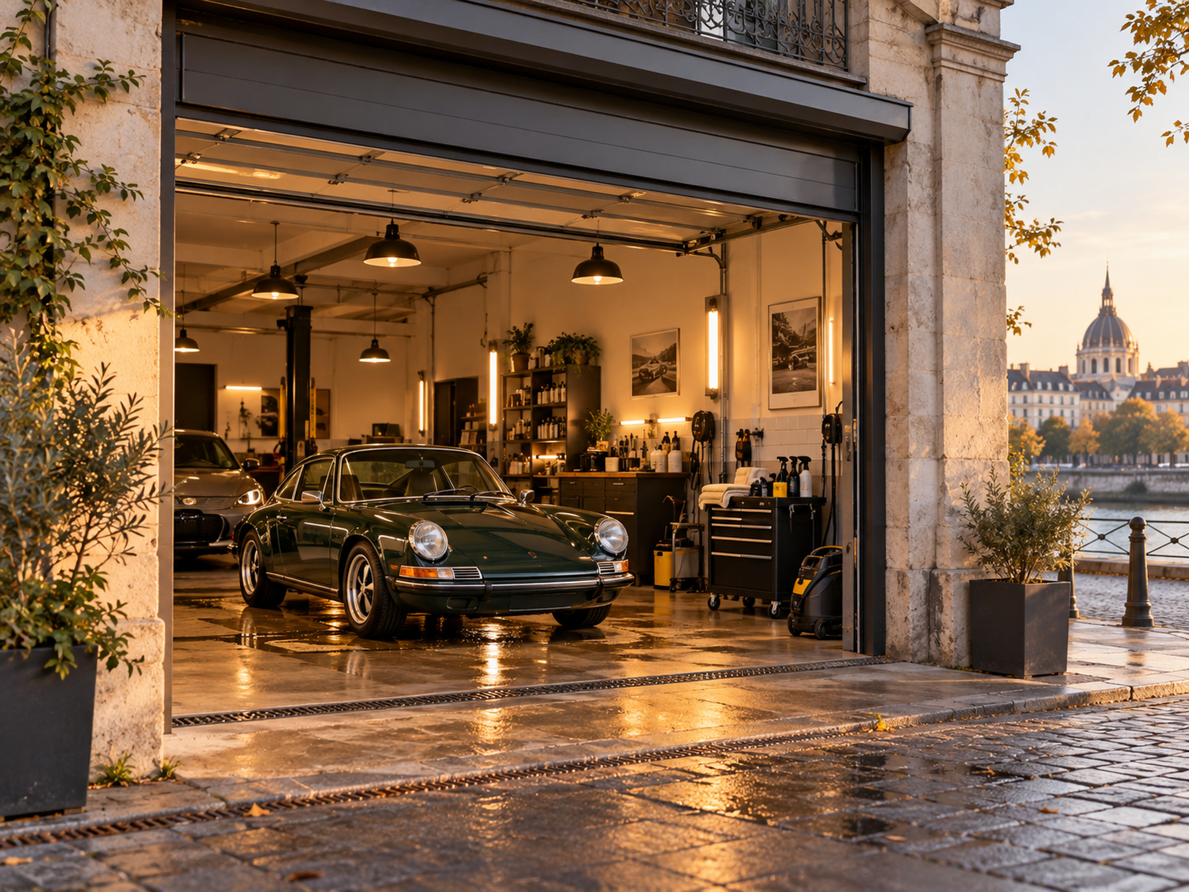 Garage ouvert à la lumière du soir